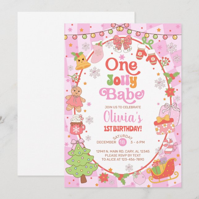 Invitación ONE jolly babe Christmas girl 1st birthday invite. (Anverso / Reverso)