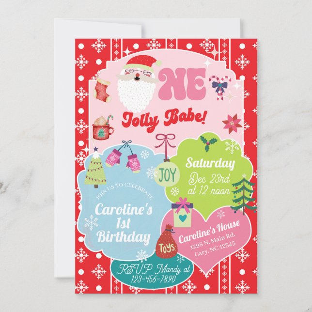 Invitación One Jolly Babe girl Christmas 1st birthday invite. (Anverso)