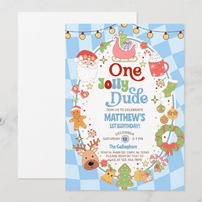 Invitación One jolly dude boy 1st Christmas birthday invite. (Anverso / Reverso)