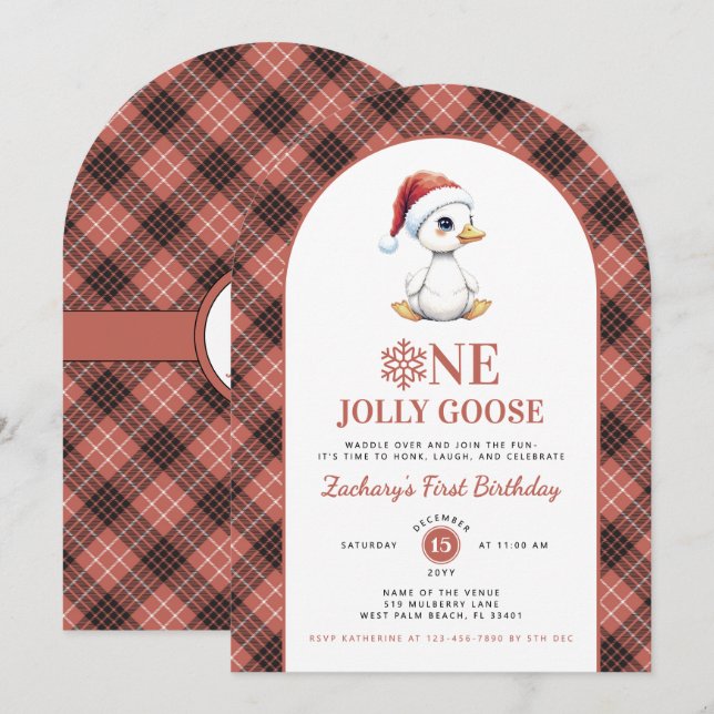 Invitación One Jolly Goose Modern Christmas First Birthday (Anverso / Reverso)