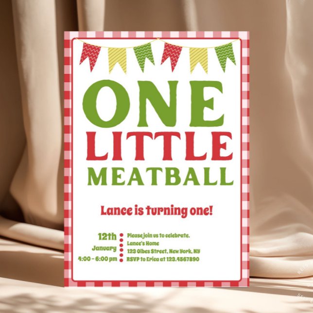 Invitación One Little Meatball First Birthday Invitation (One Little Meatball First Birthday Invitation | Italian Theme Birthday Party | Red & Green Pasta Par)