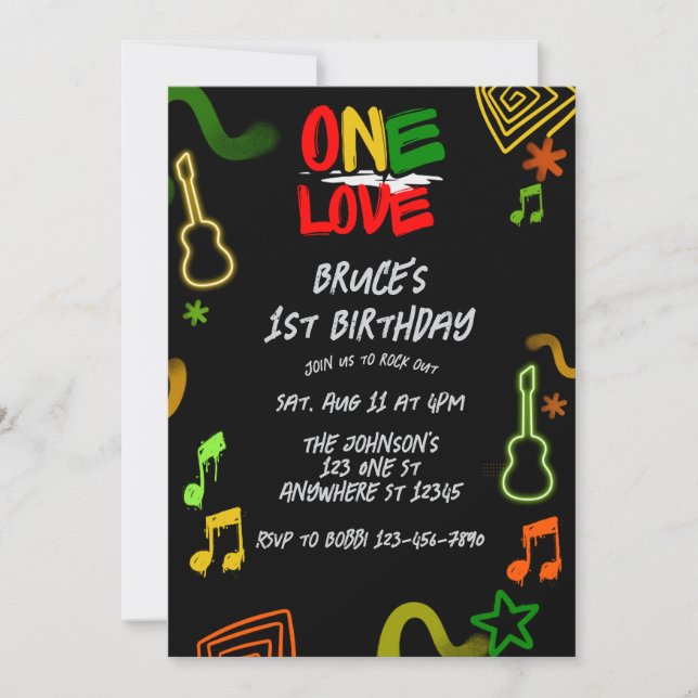Invitación One Love Music Black Red Gold Green 1st Birthday (Anverso)
