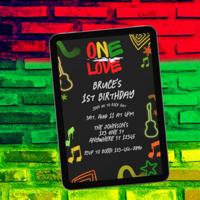 Invitación One Love Music Black Red Gold Green 1st Birthday (Subido por el creador)