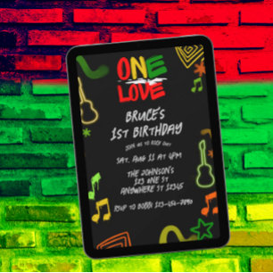 Invitación One Love Music Negro Rojo Dorado Verde 1er Cumplea