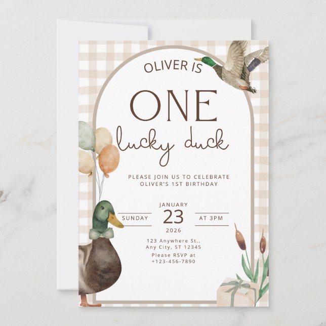 Invitación One Lucky Duck Birthday Invitation Boys First (Anverso)