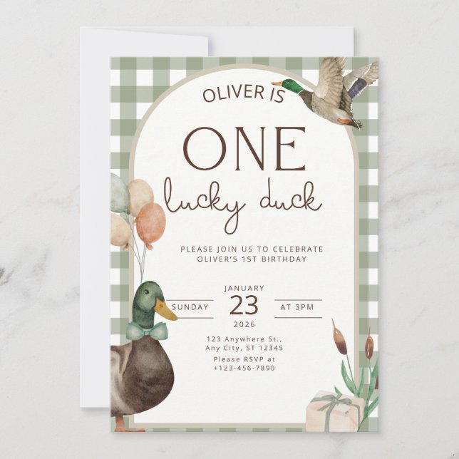 Invitación One Lucky Duck Birthday Invitation Boys First (Anverso)
