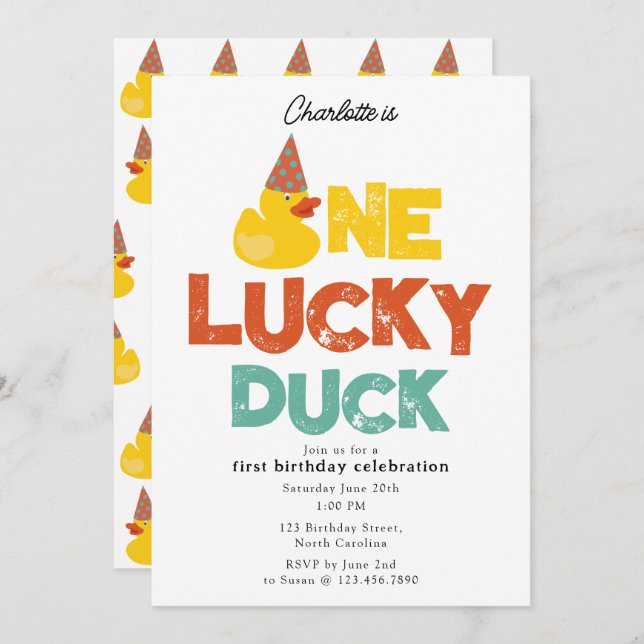 Invitación One Lucky Duck Invite 1st  First Birthday Cute (Anverso / Reverso)