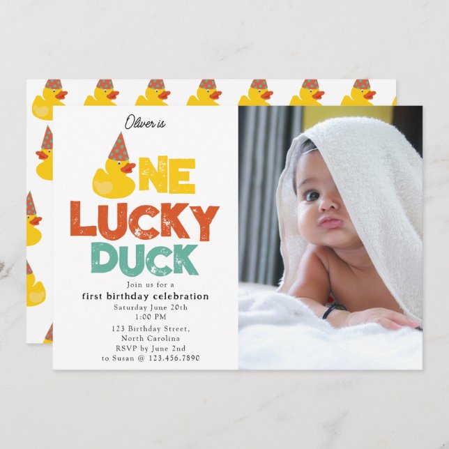 Invitación One Lucky Duck Invite 1st  First Birthday Photo (Anverso / Reverso)