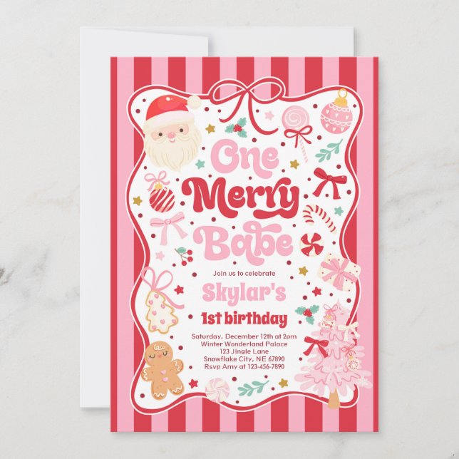 Invitación One Merry Babe Christmas Coquette Bow 1st Birthday (Anverso)