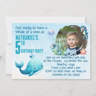 Invitación One Photo Whale 5th Birthday  Party Invitation