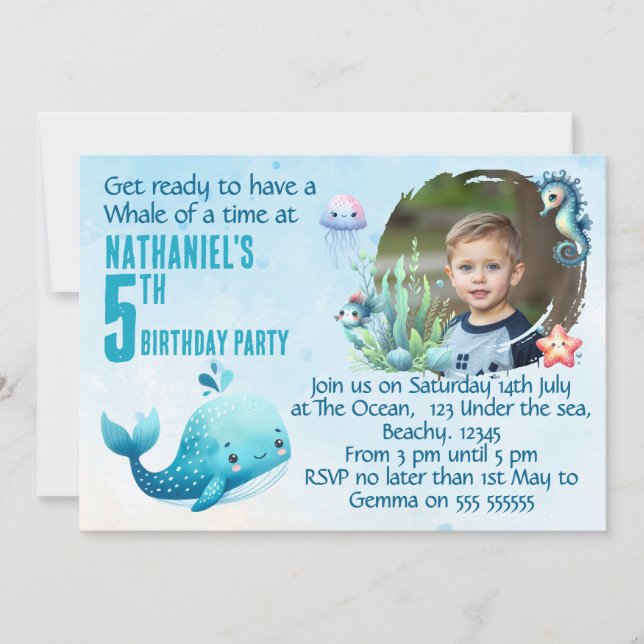 Invitación One Photo Whale 5th Birthday  Party Invitation (Anverso)