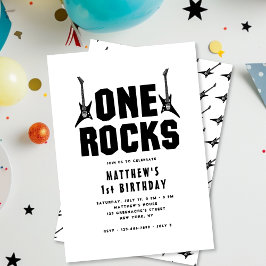 Invitación One Rocks Black and White Guitar 1er cumpleaños