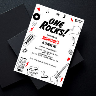 Invitación One Rocks Black and White Rockstar Primer cumpleañ