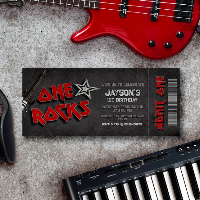 Invitación One Rocks - Boy 1er cumpleaños (One Rocks - 1st Birthday Ticket Invitation)