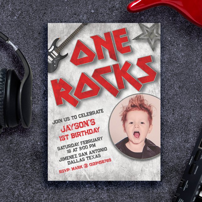 Invitación One Rocks - Cumpleaños de un año con foto (One Rocks - Rocked One Year with Picture Invitation)