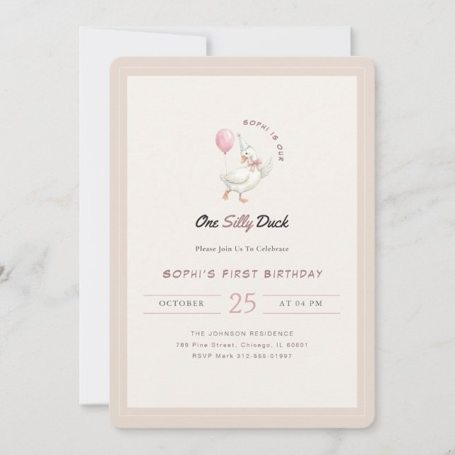 Invitación One Silly Duck Pink Bow Tie First Birthday (Anverso)