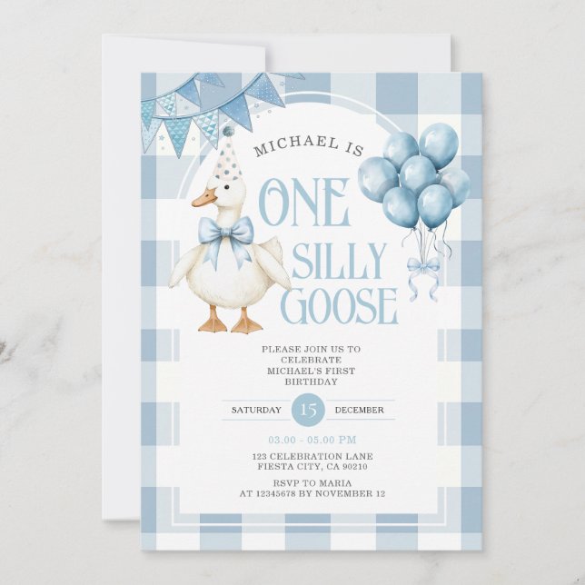 Invitación One Silly Goose 1er cumpleaños Globo Azul Gingham (Anverso)
