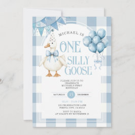 Invitación One Silly Goose 1er cumpleaños Globo Azul Gingham