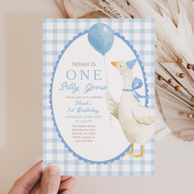 Invitación One Silly Goose 1st Birthday: Blue Gingham  (Subido por el creador)