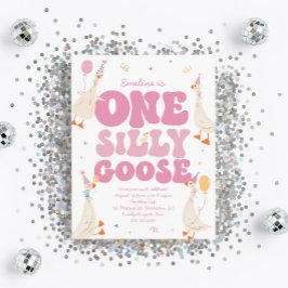 Invitación One Silly Goose 1st Birthday Invitation Girl Pink