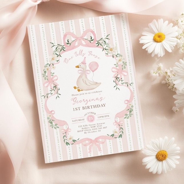 Invitación One Silly Goose 1st Birthday Invitation, Pink Bow  (Subido por el creador)