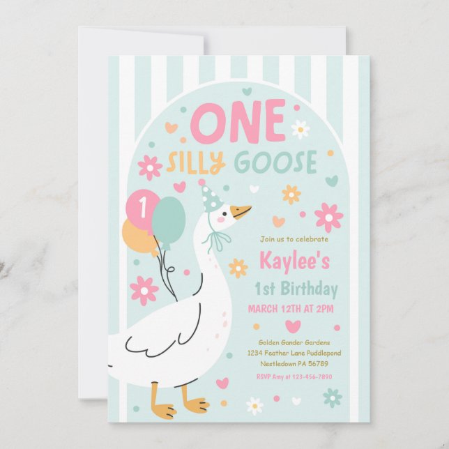 Invitación One Silly Goose 1st Birthday Party Spring Birthday (Anverso)