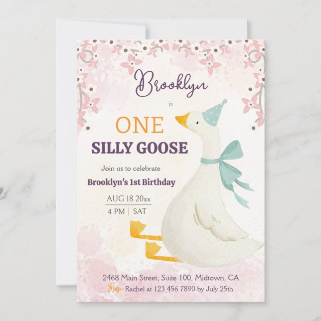 Invitación One silly goose 1st birthday pink floral girl cute (Anverso)