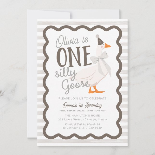 Invitación One Silly Goose Beige Bow 1st Birthday (Anverso)
