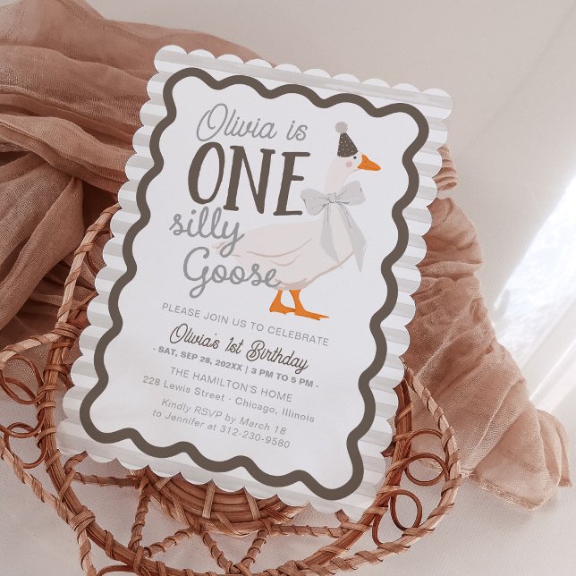 Invitación One Silly Goose Beige Bow 1st Birthday (Subido por el creador)