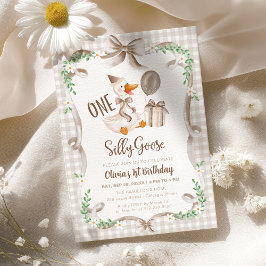 Invitación One Silly Goose Beige Brown Bow 1st Birthday