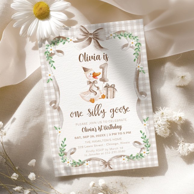 Invitación One Silly Goose Beige Brown Bow 1st Birthday (Subido por el creador)