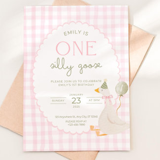 Invitación One Silly Goose Birthday Invite Pink Gingham First