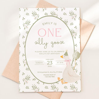 Invitación One Silly Goose Birthday Invite Vintage Floral Fir