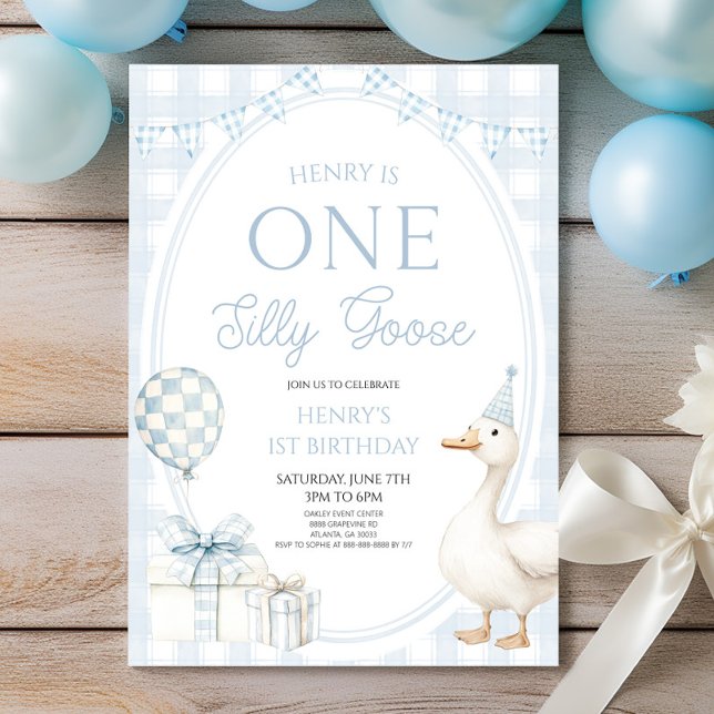 Invitación ONE Silly Goose Blue 1st Birthday Party (Subido por el creador)