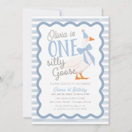 Invitación One Silly Goose Blue Bow 1st Birthday