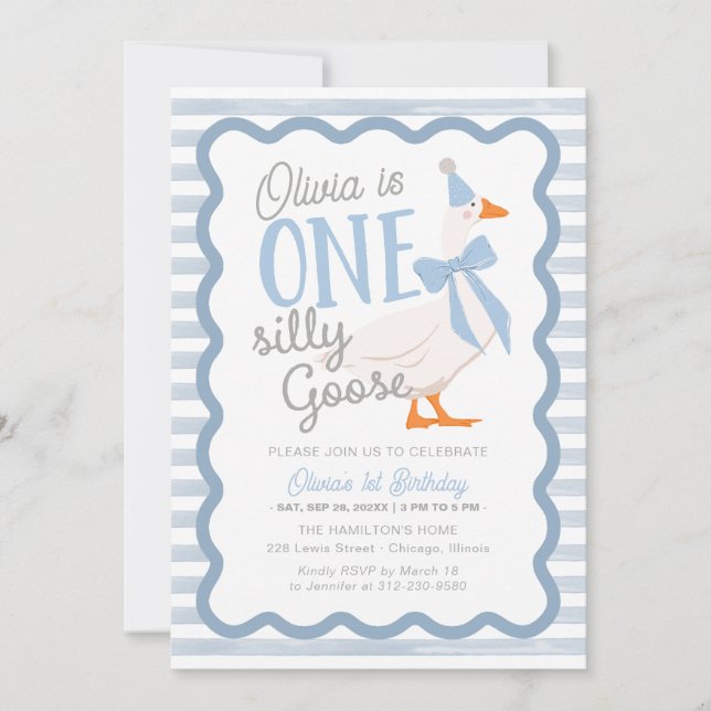 Invitación One Silly Goose Blue Bow 1st Birthday (Anverso)