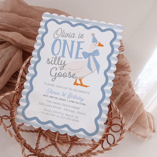 Invitación One Silly Goose Blue Bow 1st Birthday (Subido por el creador)