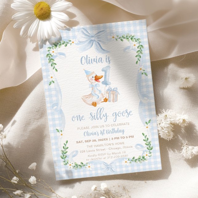 Invitación One Silly Goose Blue Bow Floral 1st Birthday (Subido por el creador)