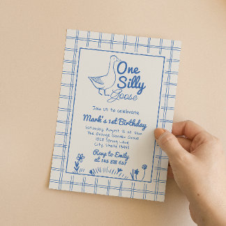 Invitación One Silly Goose Blue Drawn 1st Boy Birthday