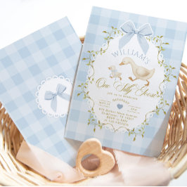 Invitación One Silly Goose Blue Gingham Boy 1st Birthday