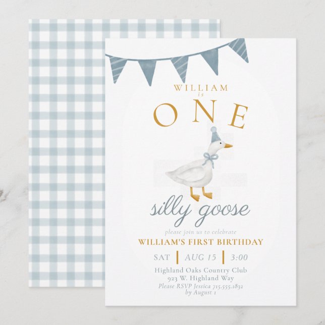 Invitación ONE Silly Goose Blue Gingham Boy First Birthday  (Anverso / Reverso)