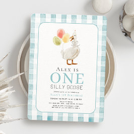 Invitación One Silly Goose Blue Gingham Boy primer cumpleaños