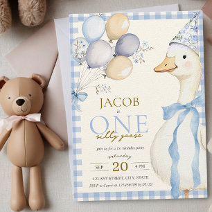 Invitación One Silly Goose Blue Gingham Boy primer cumpleaños
