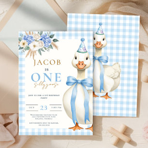 Invitación One Silly Goose Blue Gingham Boy primer cumpleaños