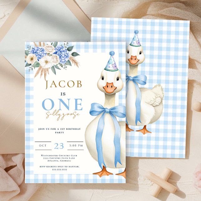 Invitación One Silly Goose Blue Gingham Boy primer cumpleaños (Subido por el creador)