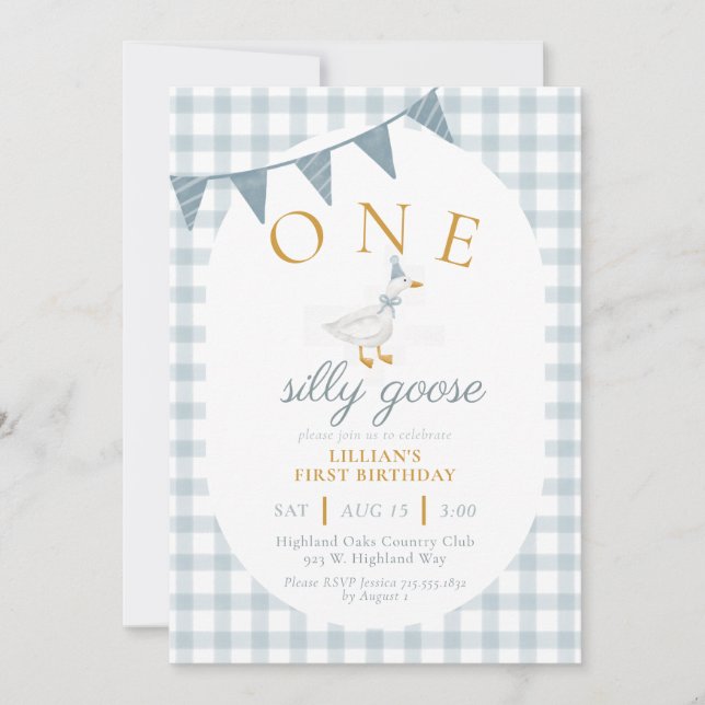 Invitación ONE Silly Goose Blue Gingham Daisy First Birthday (Anverso)