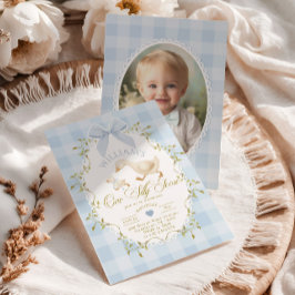 Invitación One Silly Goose Blue Gingham Photo 1st Birthday