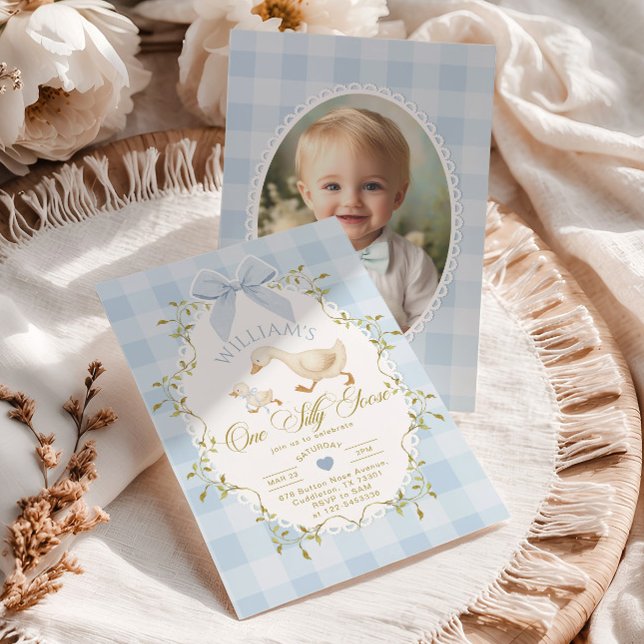 Invitación One Silly Goose Blue Gingham Photo 1st Birthday (Subido por el creador)