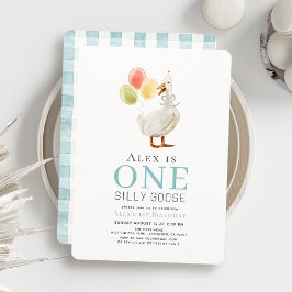 Invitación One Silly Goose Boy Blue Gingham Primer Cumpleaños
