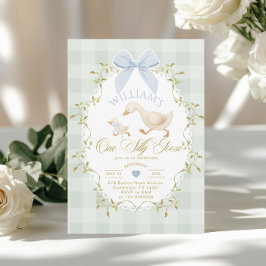 Invitación One Silly Goose Boy Gingham 1st Birthday
